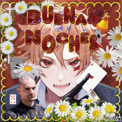 A Picture Of A Man Holding A Playing Card With The Words Buenas Noches Written On It GIF