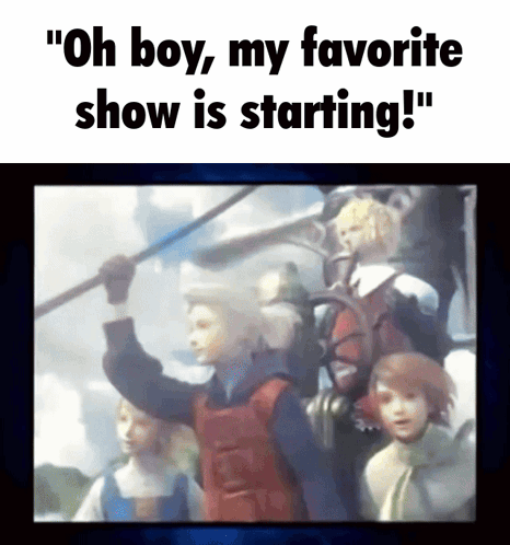 A Picture Of A Man Holding A Spear With The Caption " Oh Boy My Favorite Show Is Starting " GIF