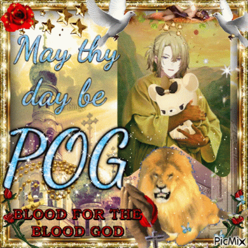 A Picture Of A Man Holding A Stuffed Animal With The Words May Thy Day Be Pog GIF