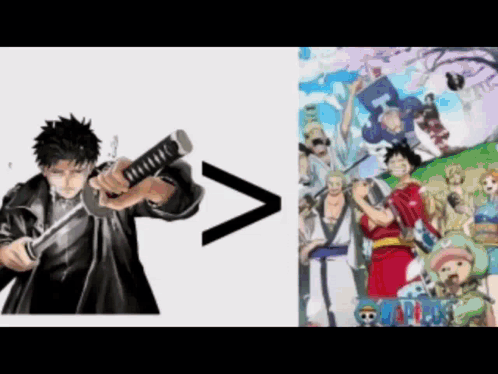 A Picture Of A Man Holding A Sword Next To A Picture Of One Piece GIF