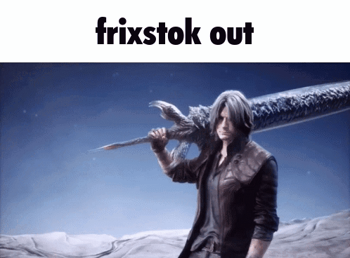 A Picture Of A Man Holding A Sword With The Words Frixstok Out Below Him GIF