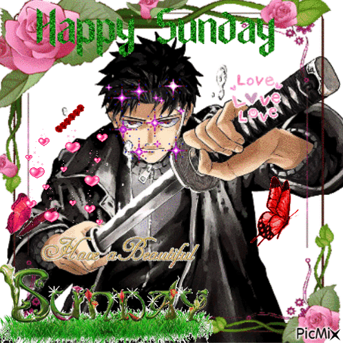 A Picture Of A Man Holding A Sword With The Words Happy Sunday On It GIF