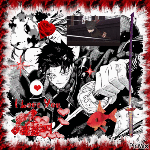 A Picture Of A Man Holding A Sword With The Words " I Love You " On It GIF