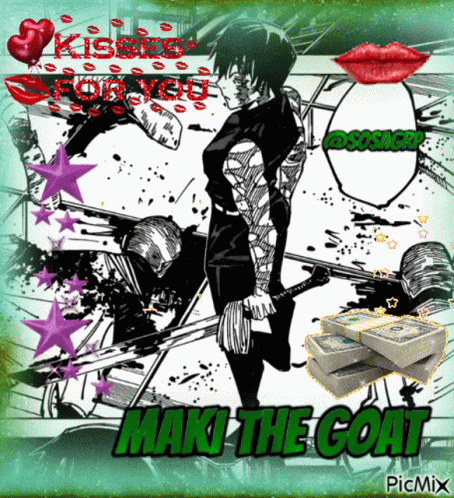 a picture of a man holding a sword with the words " maki the goat " on it