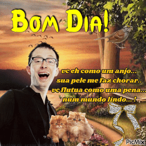 A Picture Of A Man Holding Two Kittens With The Words Bom Dia Written Above Him GIF