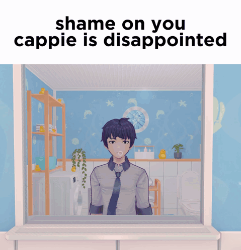 A Picture Of A Man In A Bathroom With The Words Shame On You Cappie Is Disappointed GIF