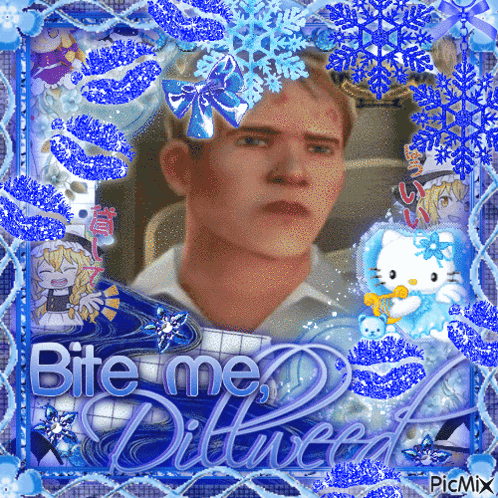 A Picture Of A Man In A Blue Frame With The Words Bite Me Diluced On It GIF