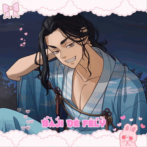 A Picture Of A Man In A Blue Kimono With The Words Baju De Fely On The Bottom GIF