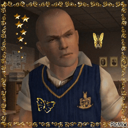 A Picture Of A Man In A Blue Vest With A Gold Butterfly On His Chest GIF