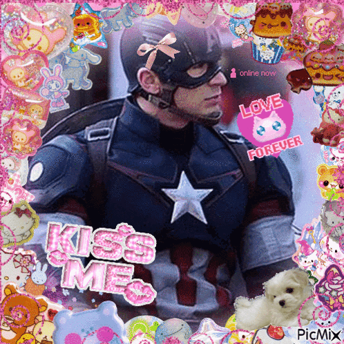 A Picture Of A Man In A Captain America Costume With The Words Kiss Me On The Bottom GIF