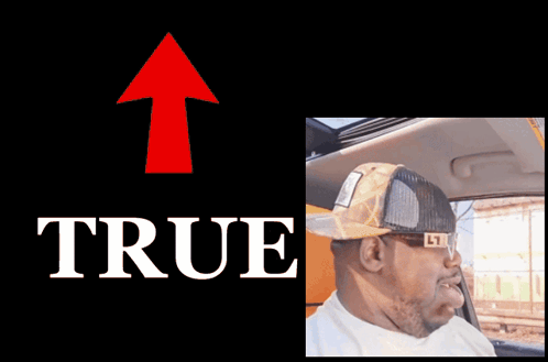 A Picture Of A Man In A Car With A Red Arrow Pointing Up That Says True GIF