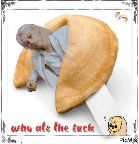 A Picture Of A Man In A Fortune Cookie With The Words Who Ate The Luck Below It GIF