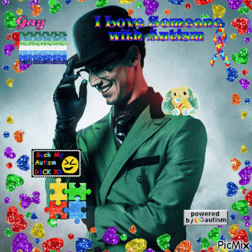 A Picture Of A Man In A Green Suit And Top Hat With The Words I Love Someone With Autism Behind Him GIF