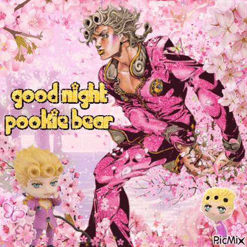 A Picture Of A Man In A Pink Suit With The Words Goodnight Pookie Bear On It GIF