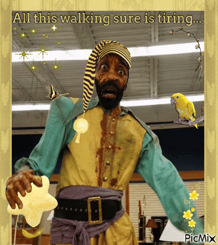 A Picture Of A Man In A Pirate Costume With The Caption All This Walking Sure Is Tiring GIF