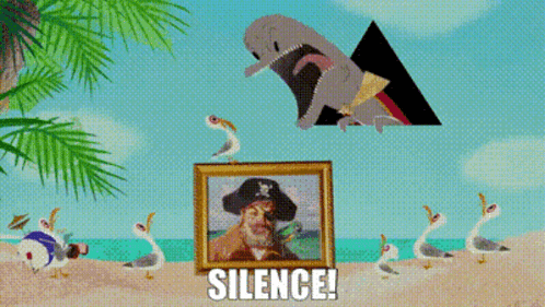 A Picture Of A Man In A Pirate Hat Is Surrounded By Seagulls And A Dolphin And Says Silence GIF