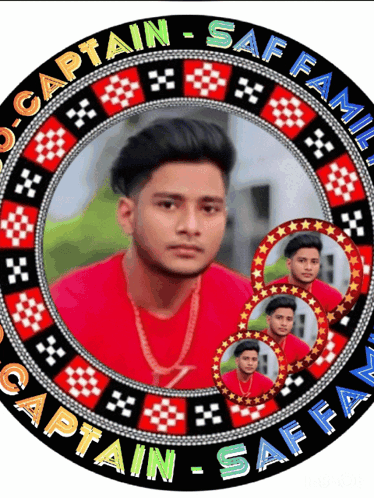 A Picture Of A Man In A Red Shirt Is In A Circle That Says Captain Saff Family GIF
