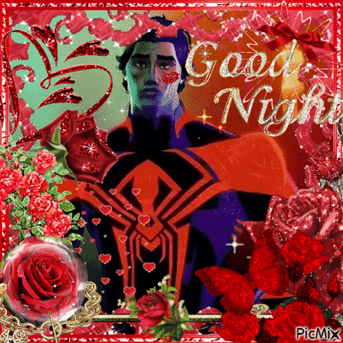 A Picture Of A Man In A Spiderman Costume With The Words Good Night On It GIF