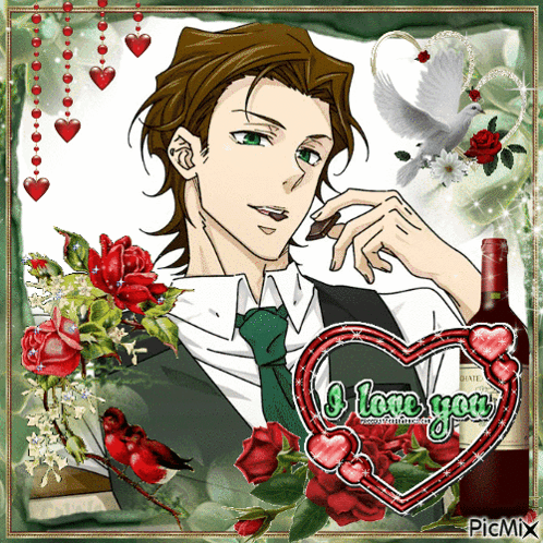 A Picture Of A Man In A Suit And Tie With A Heart That Says I Love You GIF