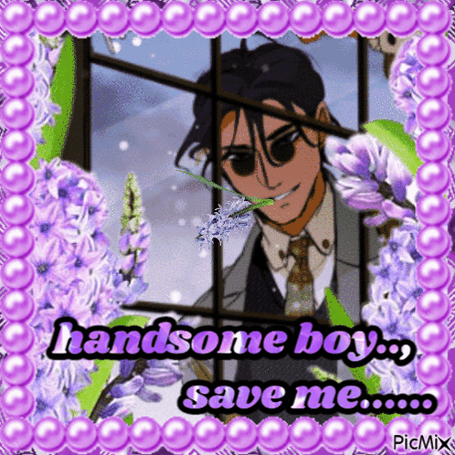 A Picture Of A Man In A Suit And Tie With Purple Flowers And The Words Handsome Boy Save Me GIF