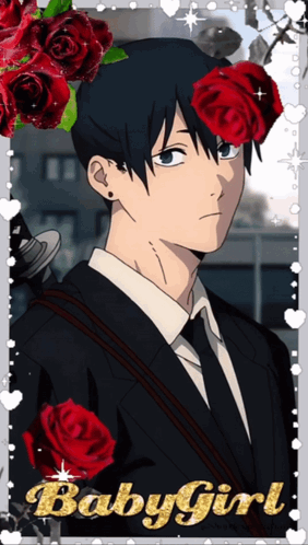 A Picture Of A Man In A Suit And Tie With Red Roses And The Words Baby Girl GIF