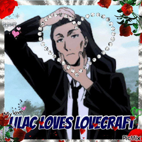 A Picture Of A Man In A Suit And Tie With The Words Lilac Loves Lovecraft On It GIF