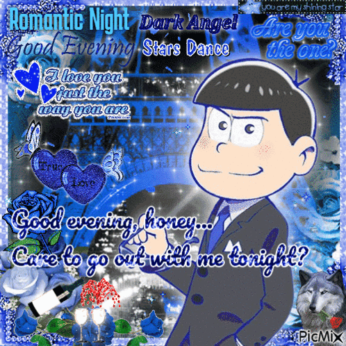 A Picture Of A Man In A Suit And Tie With The Words Romantic Night Dark Angel Good Evening Stars Dance GIF