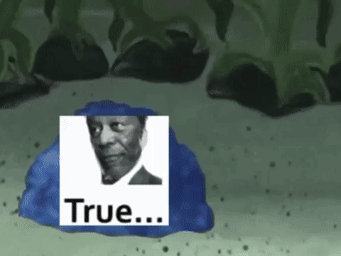 A Picture Of A Man In A Suit Is On A Blue Blob That Says True . GIF