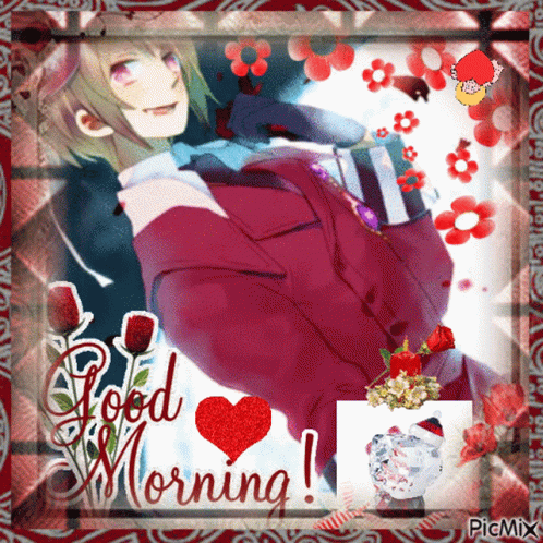 A Picture Of A Man In A Suit With Flowers And The Words Good Morning GIF