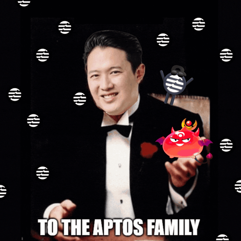 A Picture Of A Man In A Tuxedo With The Words Welcome To The Aptos Family Above Him GIF