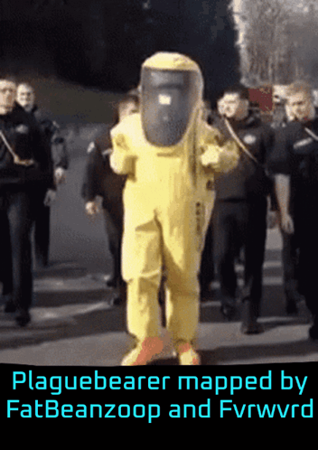 A Picture Of A Man In A Yellow Hazmat Suit With The Words Plaguebearer Mapped By Fatbeanzoop And Fvrwwrd GIF