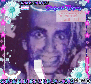 A Picture Of A Man Is Surrounded By Flowers And Says " Trans Rights " GIF