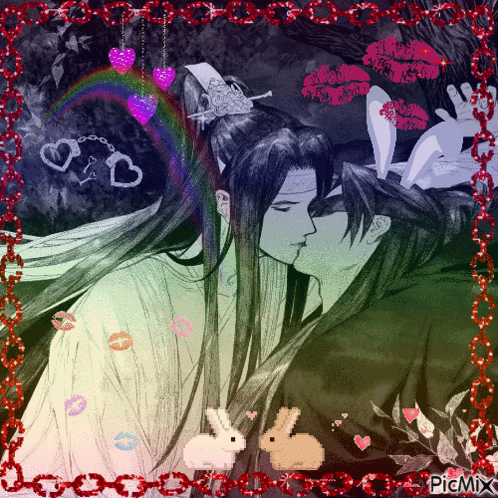 A Picture Of A Man Kissing Another Man With Rabbits And Hearts Around It GIF