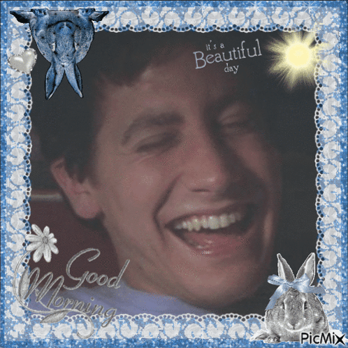 A Picture Of A Man Laughing With The Words " It 'S A Beautiful Day " At The Top GIF