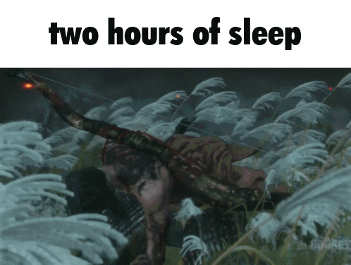 A Picture Of A Man Laying In The Grass With The Words Two Hours Of Sleep Above Him GIF
