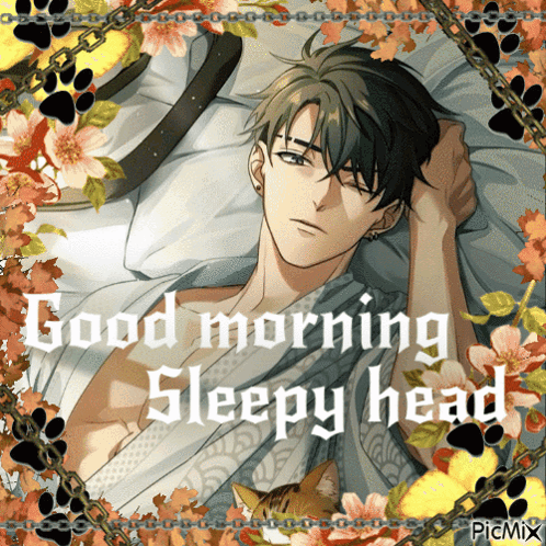 A Picture Of A Man Laying On A Bed With The Words Good Morning Sleepy Head On It GIF
