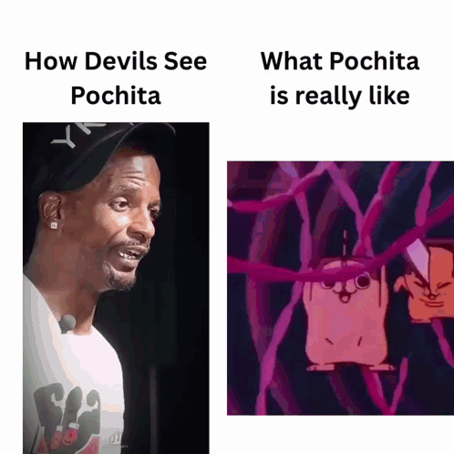 A Picture Of A Man Next To A Picture Of A Cartoon Character That Says " How Devils See Pochita " GIF