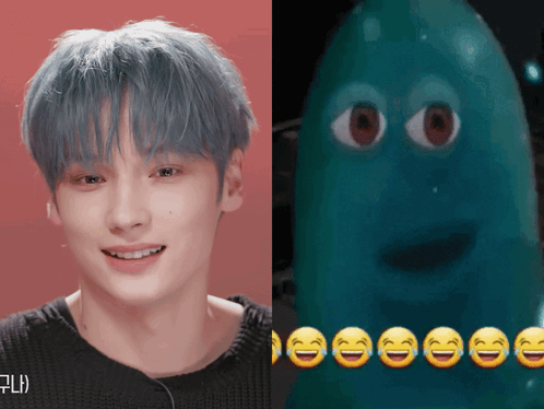 A Picture Of A Man Next To A Picture Of A Green Cartoon Character GIF