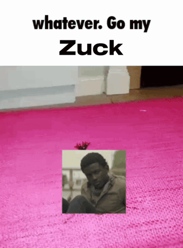 A Picture Of A Man On A Pink Rug With The Words Whatever Go My Zuck GIF