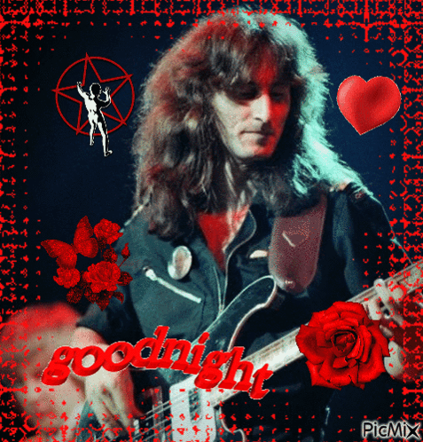 A Picture Of A Man Playing A Guitar With The Words Goodnight In Red Letters GIF