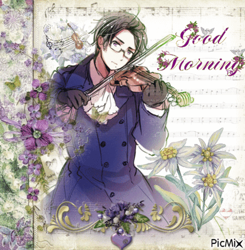 A Picture Of A Man Playing A Violin With The Words Good Morning Below Him GIF