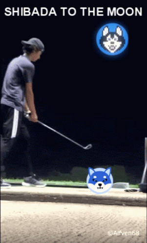 A Picture Of A Man Playing Golf With The Words Shibada To The Moon Below Him GIF