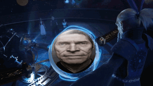 a picture of a man 's face is displayed in a futuristic setting