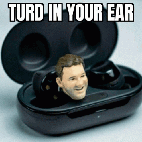 A Picture Of A Man 'S Head With The Words Turd In Your Ear Written Above It GIF