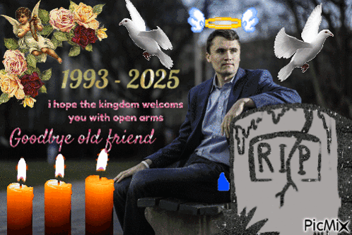A Picture Of A Man Sitting On A Bench With Candles And A Rip Sign GIF