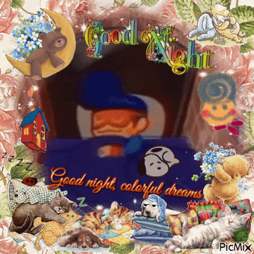 A Picture Of A Man Sleeping With The Words " Good Night Colorful Dreams " On It GIF
