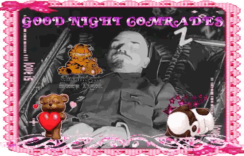 a picture of a man sleeping with the words " good night comrades " above him