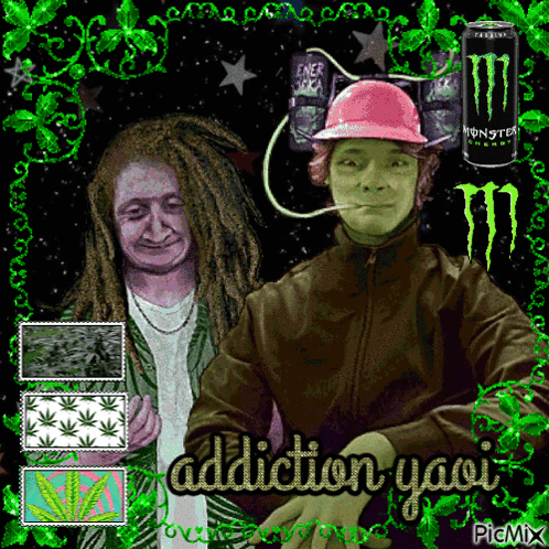 A Picture Of A Man Smoking A Cigarette Next To A Can Of Monster Energy GIF