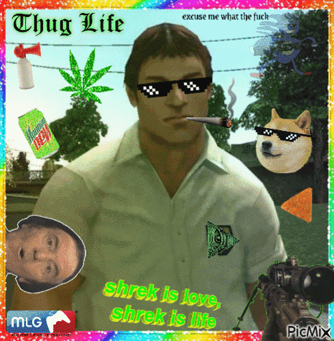 A Picture Of A Man Smoking A Cigarette With The Words Shrek Is Love Shrek Is Life On It GIF