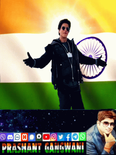 A Picture Of A Man Standing In Front Of An Indian Flag With The Name Prashant Gangwani Below Him GIF